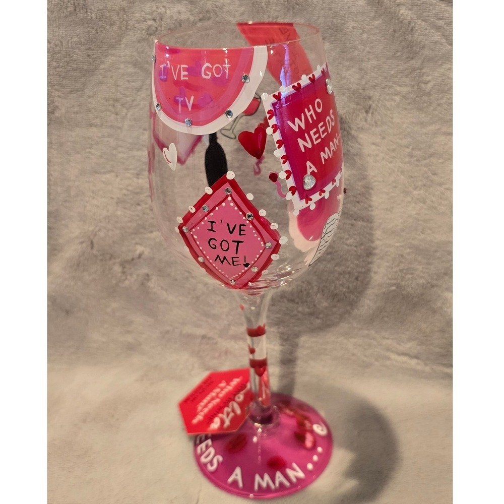 Lolita Who Needs A Man Hand Painted Wine Glass with Recipe and Gift Box Pink Red - Picture 3 of 7